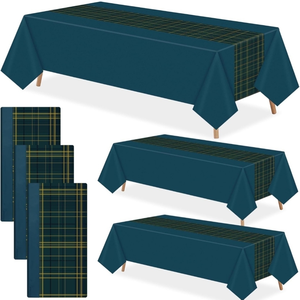 Disposable Teal Plaid Tablecloth and Napkin Set - Home Dining Set Of 4